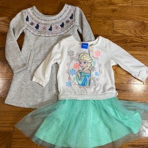 Two Disney Frozen sweatshirt dresses, 3T. White/sea foam green; heather gray.
